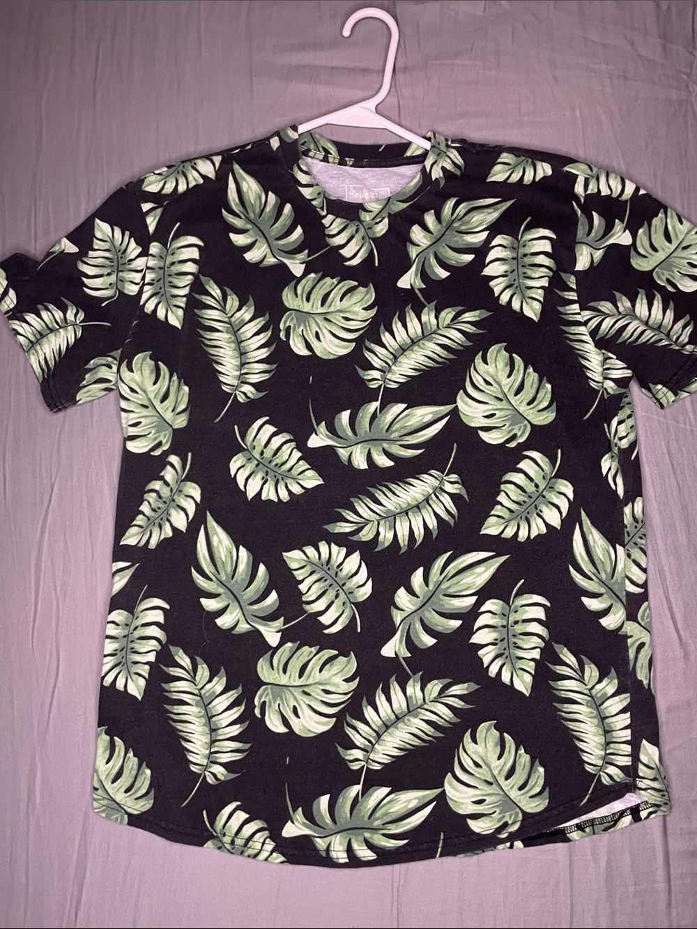 Rue21 Black Tee with Green Tropical Leaf Print